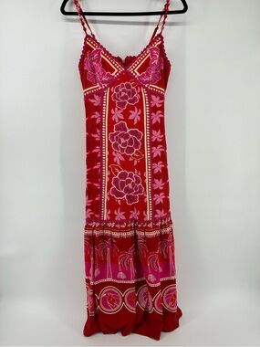 Caroline Constas Linen Blend Floral Red Slip Maxi Dress with Pink Accents